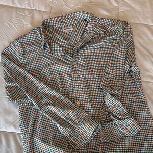 Haggar Checked Button-Down Shirt in Green Teal & Gold Brown